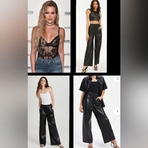 $149 women 1 GOOD AMERICAN black faux leather wide leg pants drawstring pockets